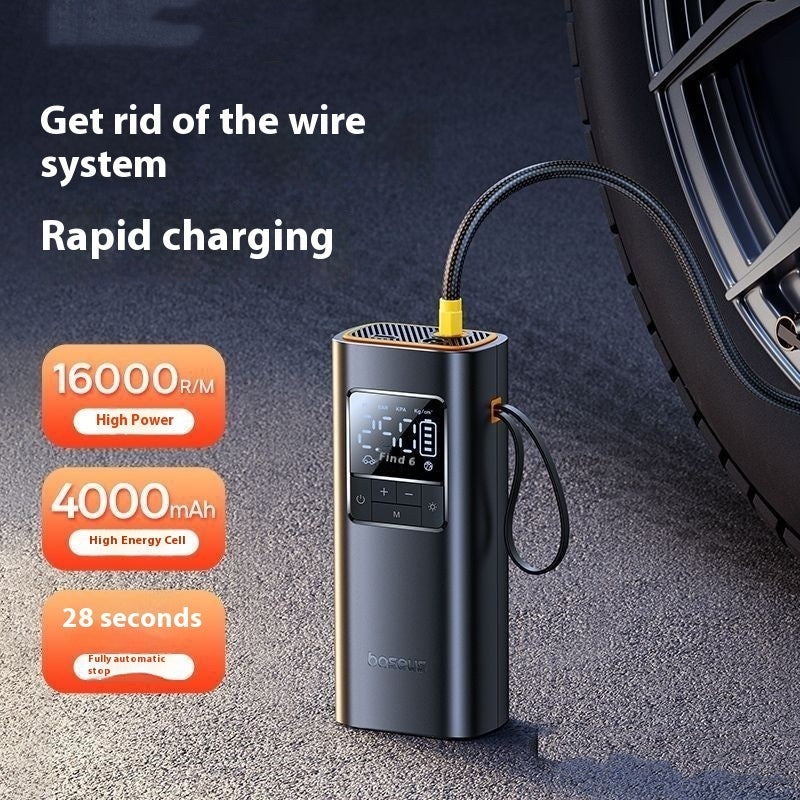 NovaLife AirPro cordless tire inflator with digital display resting against a car tire