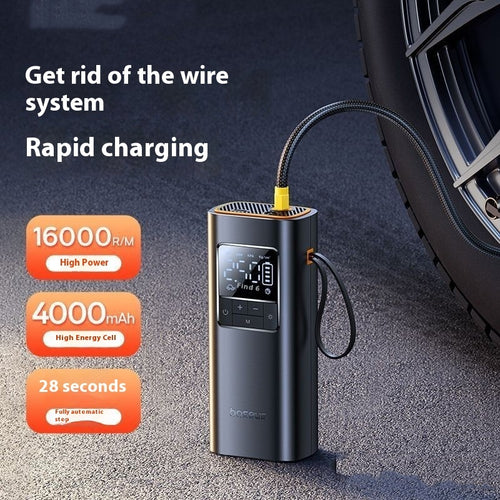 NovaLife AirPro cordless tire inflator with digital display resting against a car tire